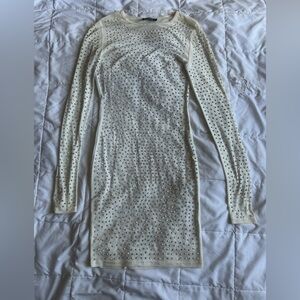 DEEVA Transparent Beige Rhinestone Long Sleeve Bodycon Dress